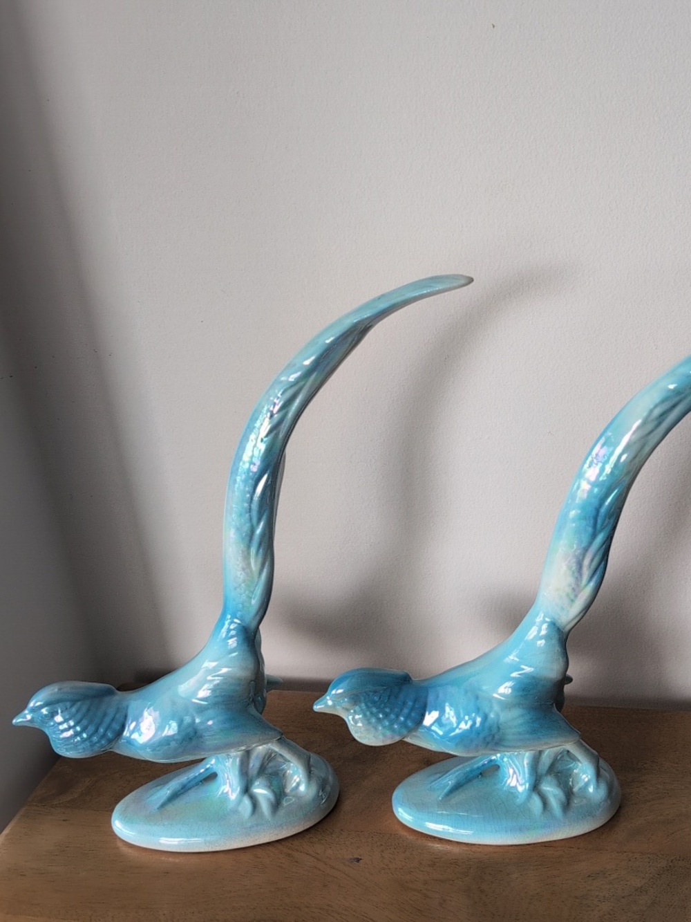 MCM Hollywood Regency California Pottery Style Blue Iridescent Pair of Pheasants
